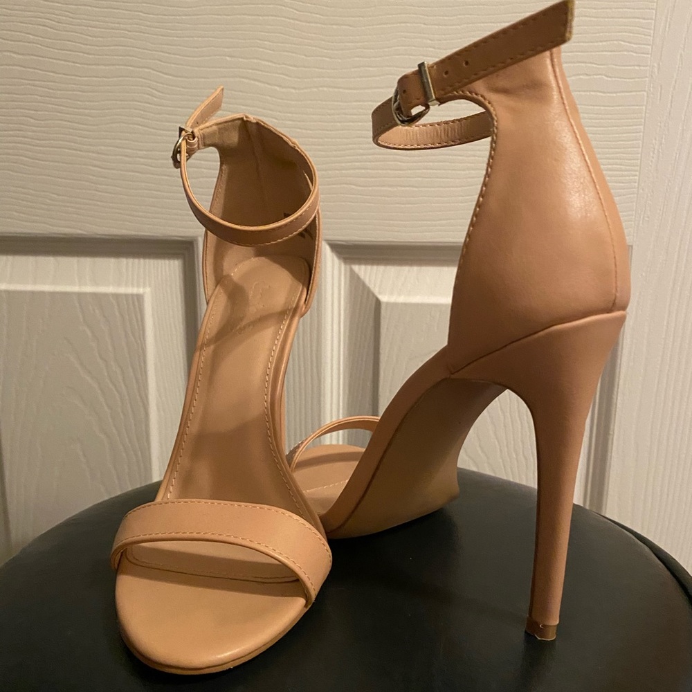 Beige High Stiletto Pump Heel Sandals.